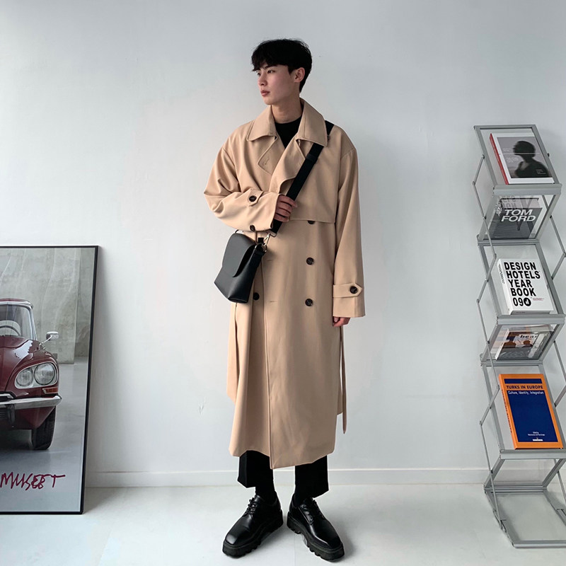 2022 SPRING AND AUTUMN TRENCH COAT MENS LONG OVER-THE-KNEE KOREAN VERSION LOOSE CASUAL TREND PREMIUM LAPEL LOOSE HANDSOME JACKET