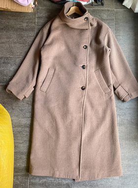 不褪换！千元级日本贵牌秋冬女单排扣立领50羊毛长款双面呢厚大衣