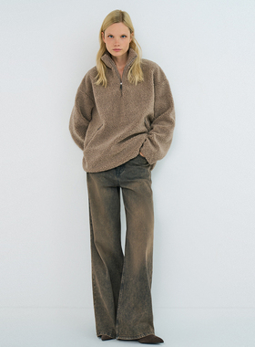 不褪换 俄罗斯ostin秋冬女半拉链复古风保暖仿羊羔毛毛毛衣外套