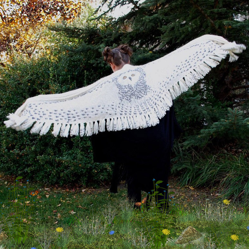 秋冬季男女保暖披肩海德薇猫头鹰Hedwig拍照围巾动物白色针织礼物