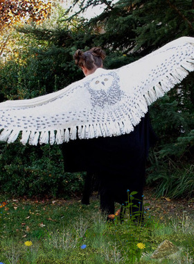 秋冬季男女保暖披肩海德薇猫头鹰Hedwig拍照围巾动物白色针织礼物