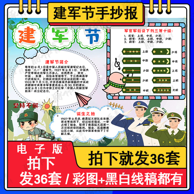 卡通建军节手抄报模板电子版小学生喜迎八一建军节涂色电子小报