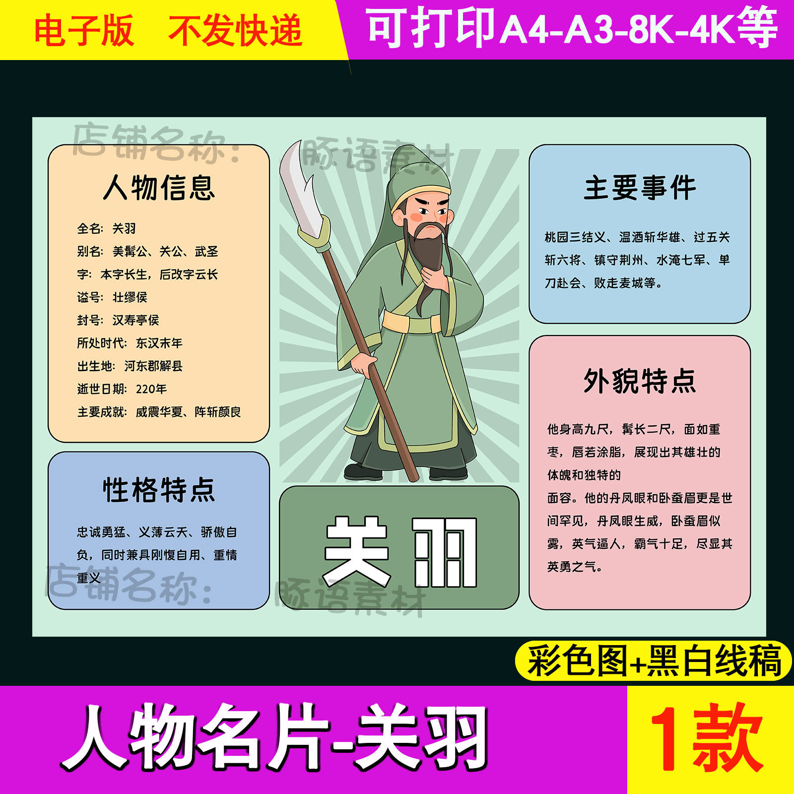 关羽历史人物名片卡档案手抄报三国演义介绍涂色描线黑白线稿小报