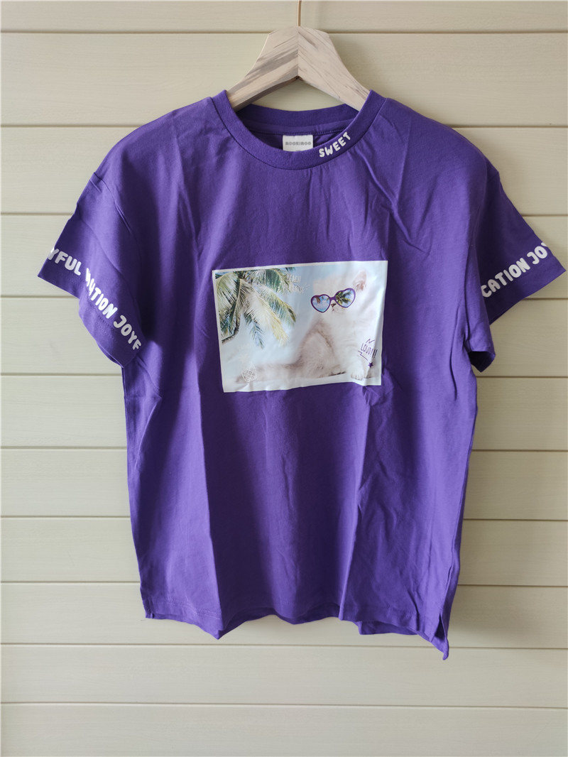 夏季短袖紫色纯棉印花休闲风童装