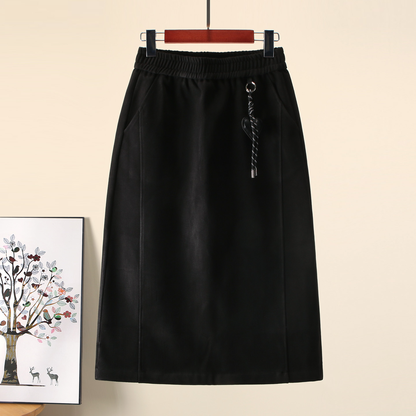 秋冬黑色毛呢高腰包臀中长半身裙