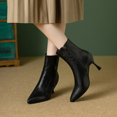 高跟瘦瘦真皮春秋及踝靴英伦风