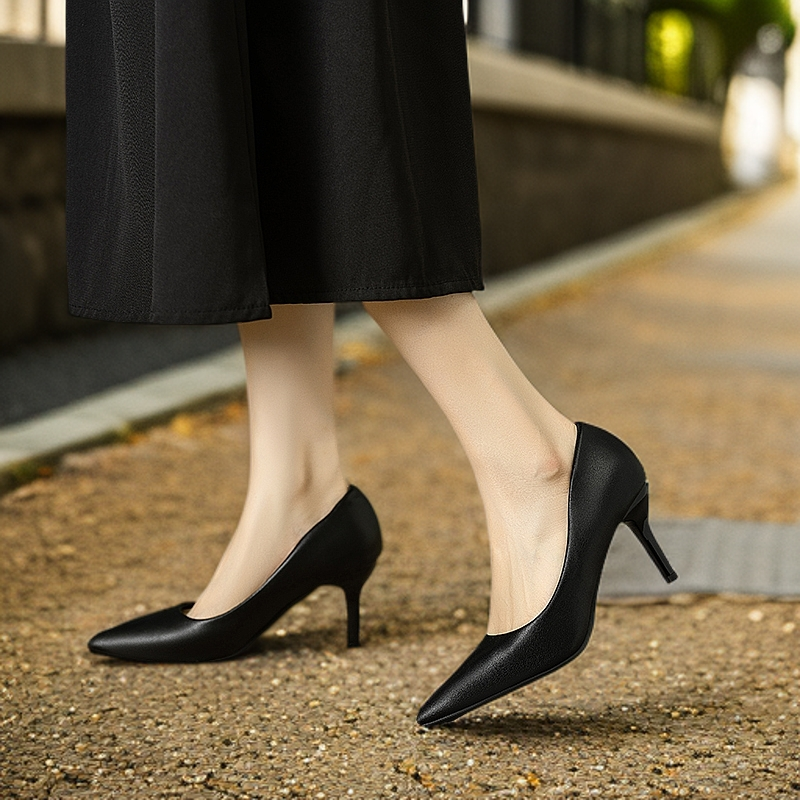 高跟鞋女细跟百搭工作鞋女黑色尖头配裙子真皮单鞋女2025春季新款,女鞋,浅口单鞋,淘宝优惠券,粉丝福利购,淘宝优惠卷