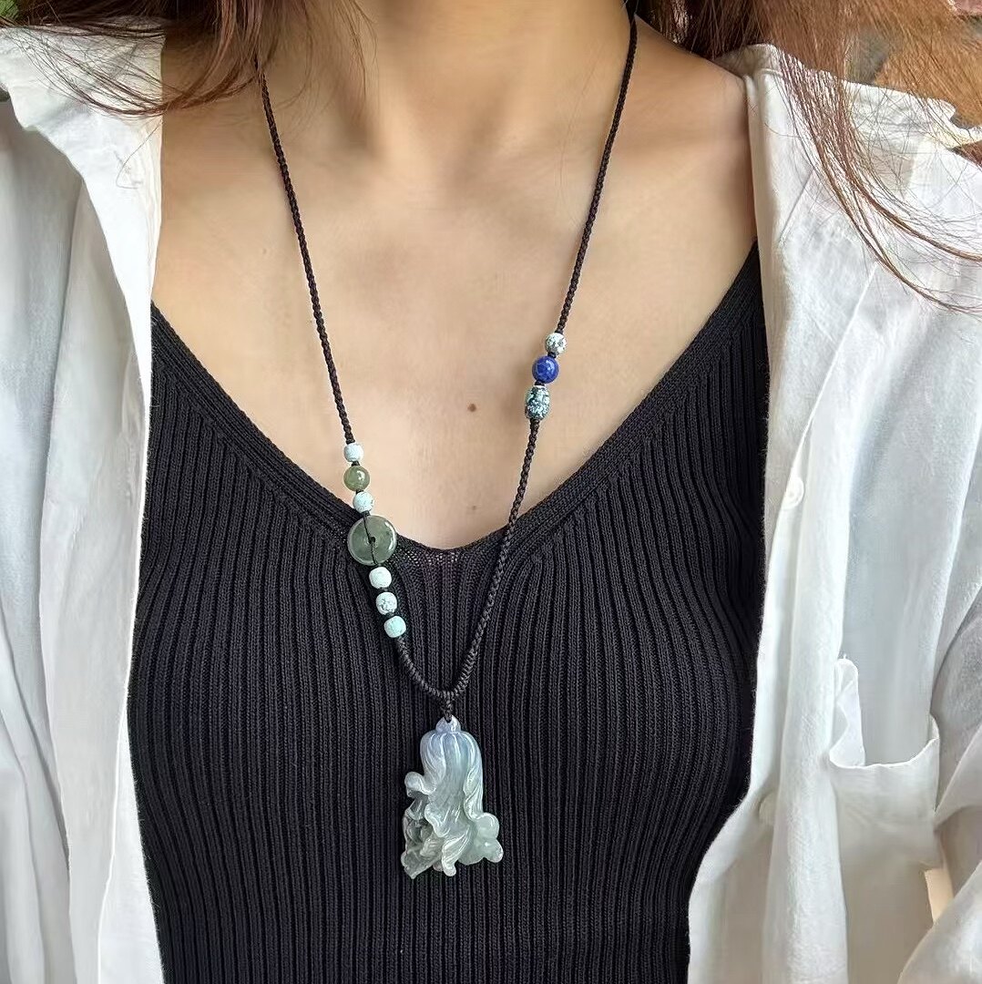天然翡翠白菜百财绿松石平安扣百搭女士中式茶服配饰项链绳毛衣链