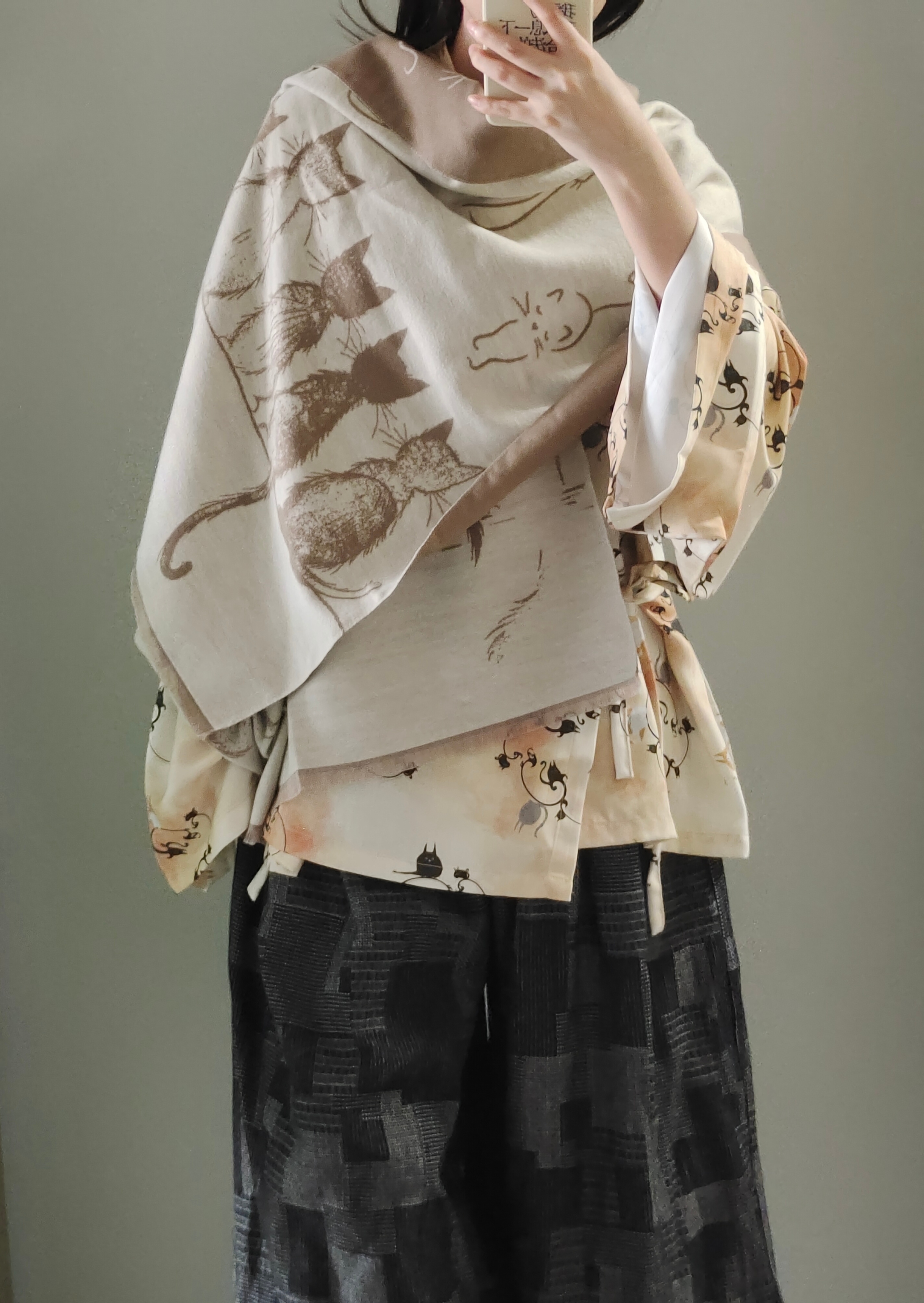 禅山记汉服秋冬围巾小猫咪小雏菊秋日氛围感穿搭