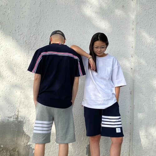 TB潮牌后背横条纹短袖T恤高版本简约欧美学院半袖上衣男女同款