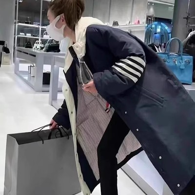 TB冬季中长款鹅绒羽绒服男女情侣款加厚百搭休闲潮宽松连帽外套