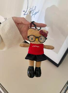 日本代购复古可爱红色系牛仔长腿kitty挂件毛绒公仔玩偶包挂饰品