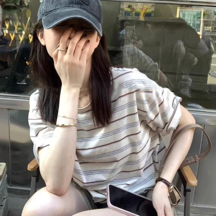 日本正版美式复古条纹短袖T恤女夏季新款显瘦百搭休闲小众上衣潮