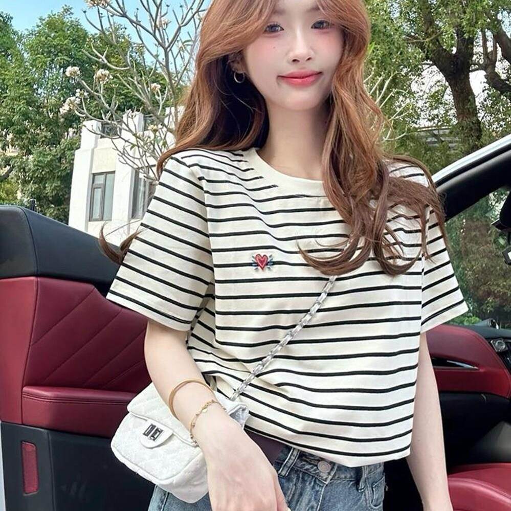 正版圆领条纹短袖t恤女夏季新款时尚设计感洋气休闲百搭上衣ins潮