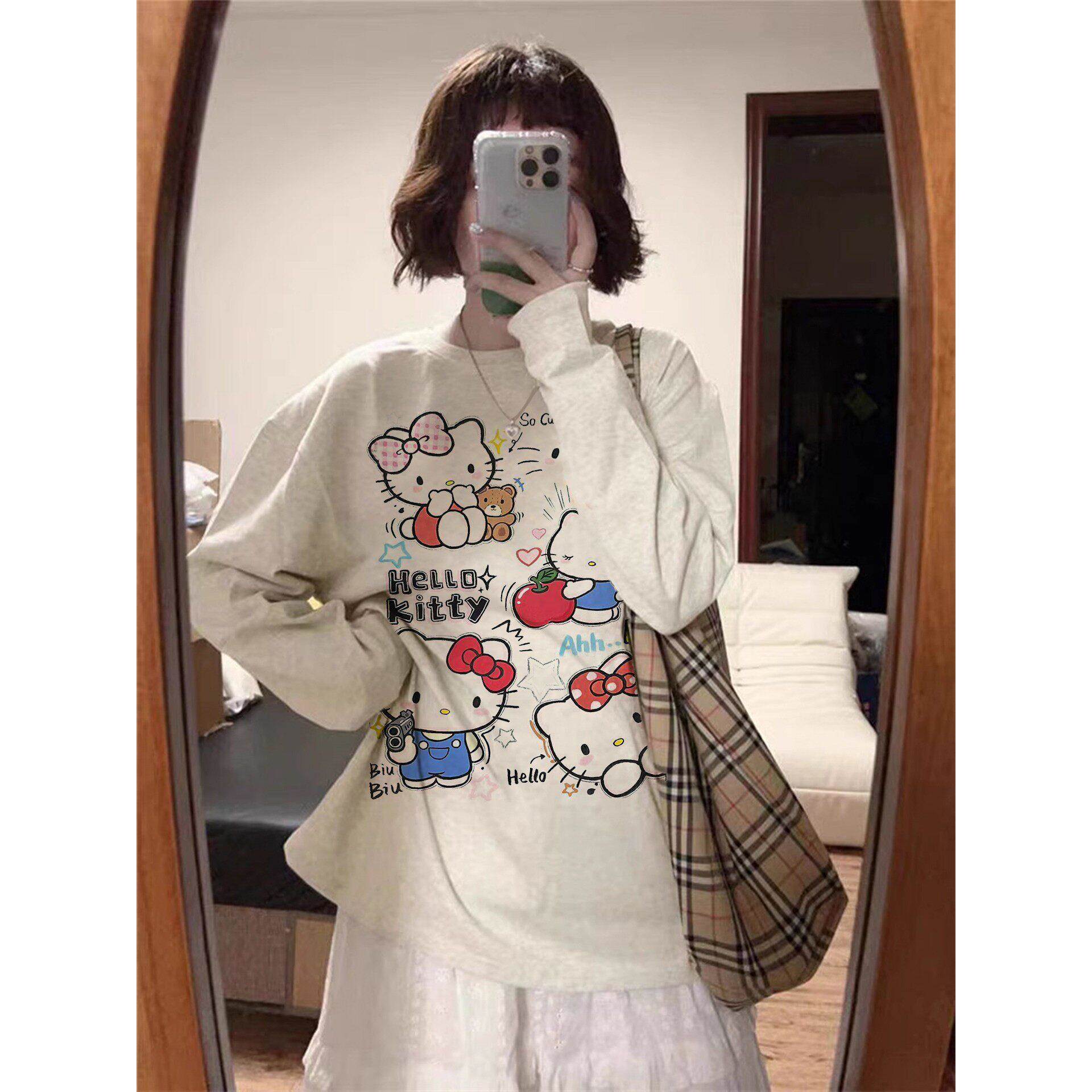 日本正版Kitty猫新款春秋季纯棉长袖t恤女士上衣宽松内搭打底衫