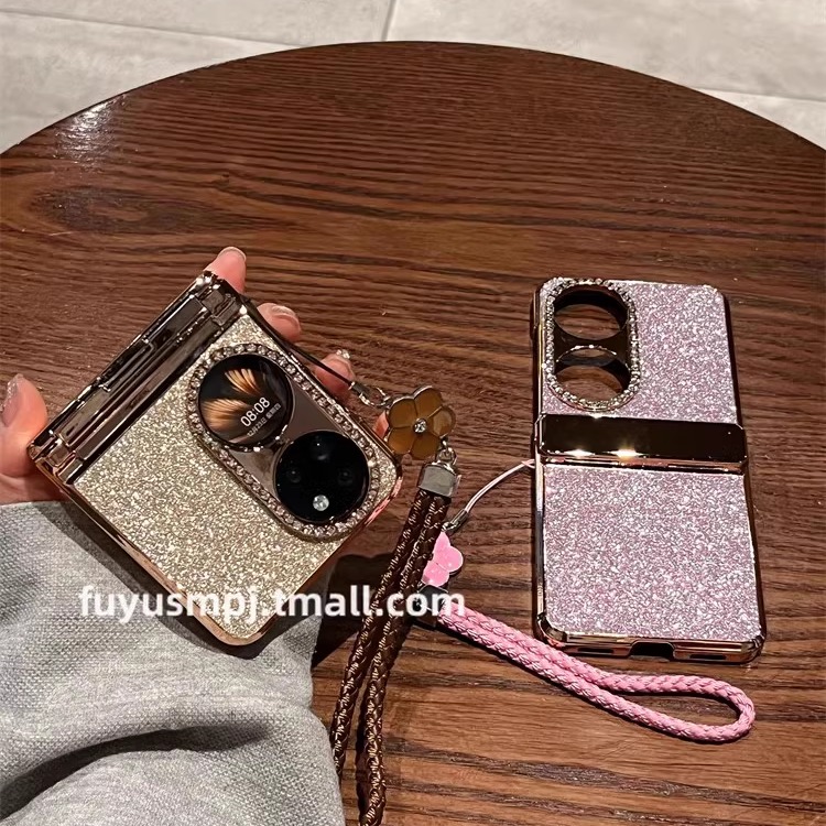 复宇 适用华为P50pocket手机壳新款折叠pocket 2镶钻s女新年红闪粉山茶花手链铰链p50宝盒全包折叠屏保护套潮