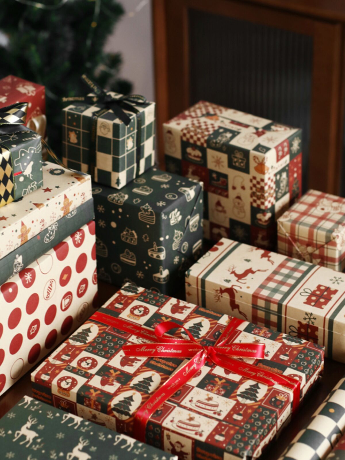 크리스마스 선물 포장지 두꺼운 크래프트 종이 휴일 창조적 인 장식 선물 종이 대마 밧줄 양면 테이프 선물 상자 종이