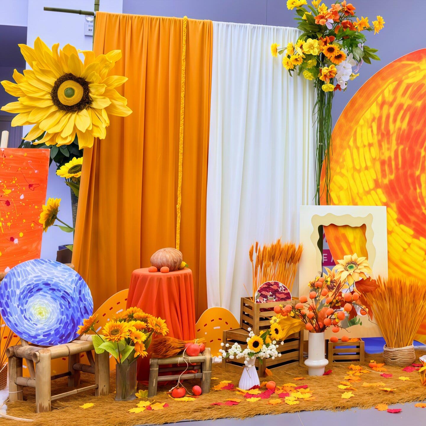 幼儿园秋天场景布置黄色背景布幔