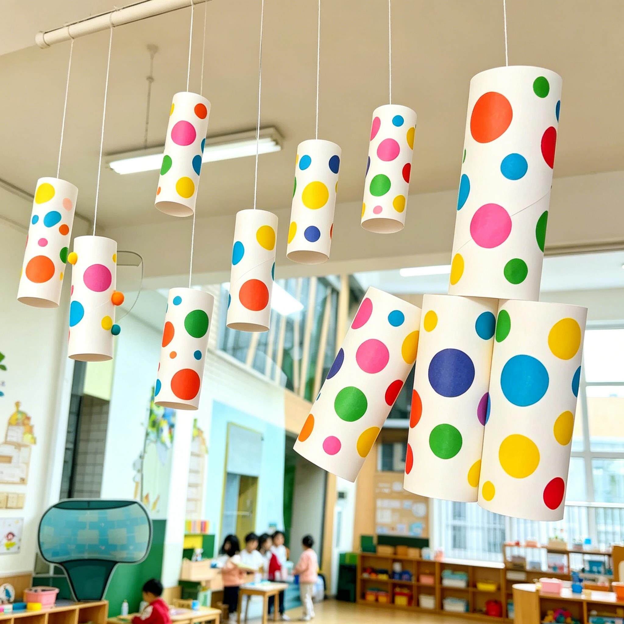 幼儿园空中吊饰彩色圆形贴纸纸筒