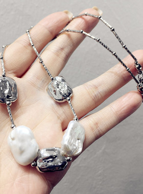 法式复古气质优雅不规则仿巴洛克珍珠金属方块几何项链锁骨链颈链