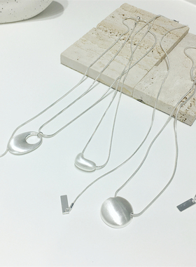 简约休闲银色素款拉丝椭圆形爱心桃心形抽拉式可调节项链毛衣链新