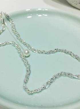 韩版时尚小清新简约气质银色金属素款编织流苏仿珍珠项链锁骨链颈