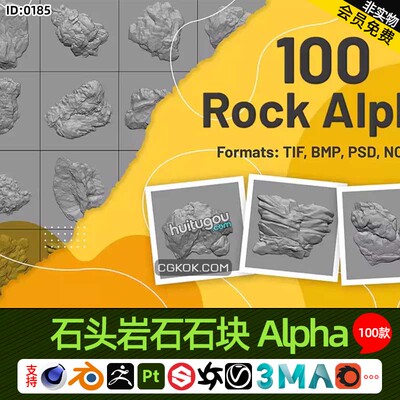 ZBrush山崖石头岩石块Alpha贴图100款2K灰度图高度图alpha笔刷ZB