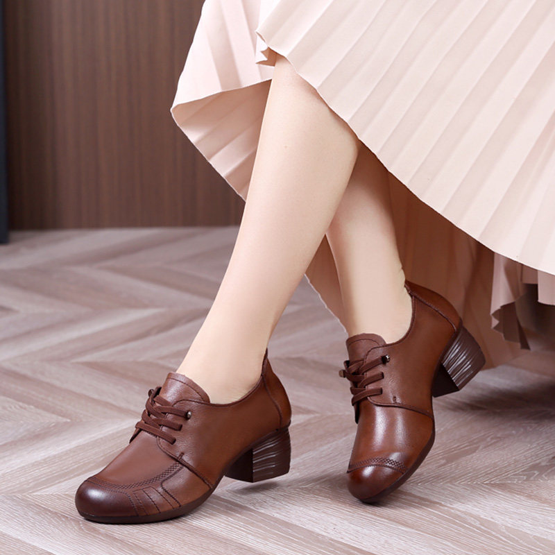 头层牛皮女鞋春秋季单鞋舒适中粗跟软底妈妈鞋真皮复古民族风皮鞋,女鞋,深口单鞋,淘宝优惠券,粉丝福利购,淘宝优惠卷