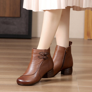 民族风复古短靴真皮软底女鞋冬季棉靴中跟软皮女靴子头层牛皮棉鞋