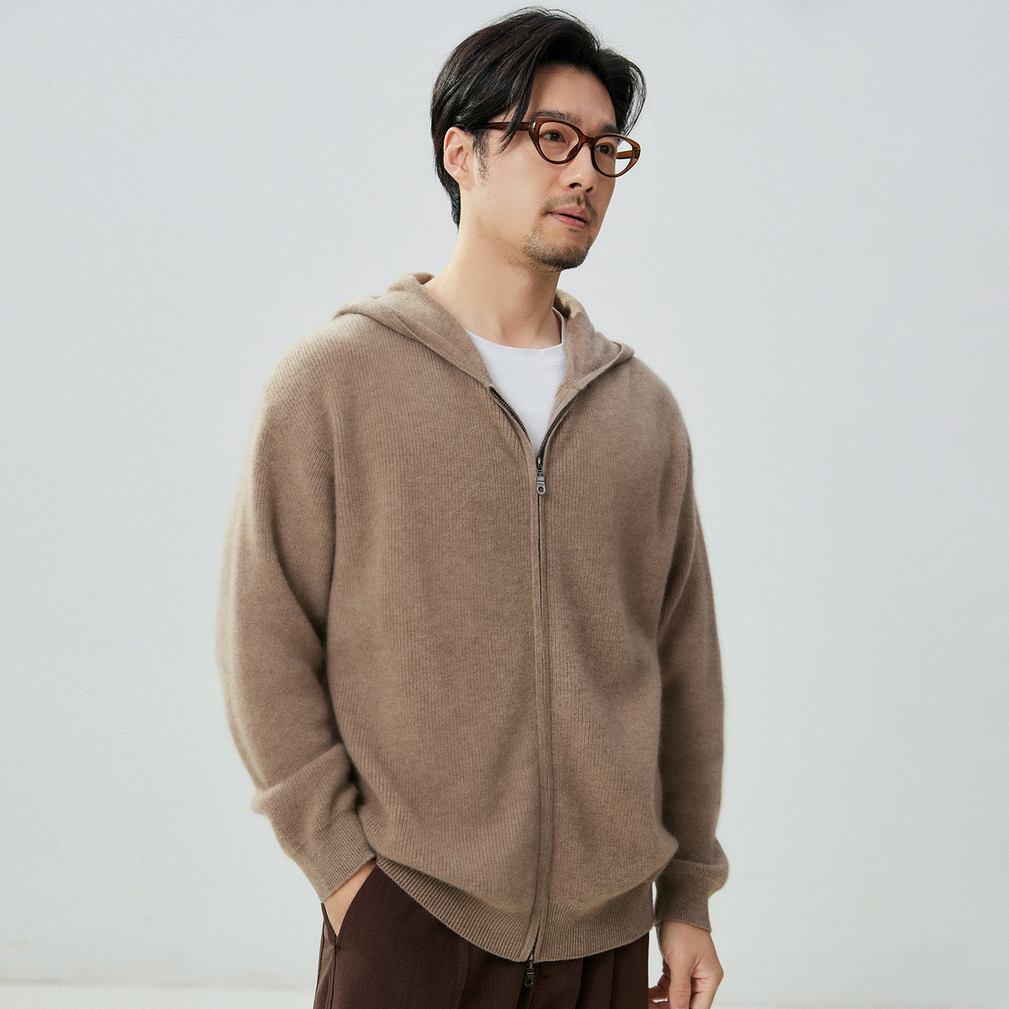 秋冬100%纯山羊绒连帽针织开衫男