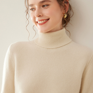 鄂尔多斯产~100%纯山羊绒衫女高翻领7针加厚套头毛衣针织打底外套