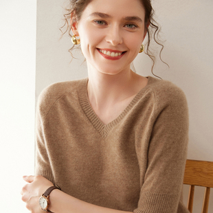 毛衣纯色打底衫 女V领针织T恤中半袖 100%纯山羊绒短袖 2025秋冬新款