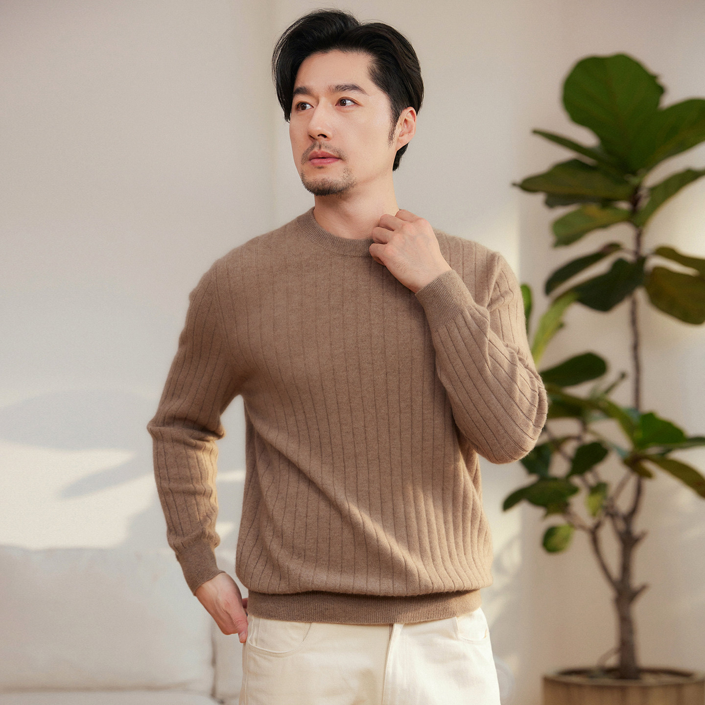 秋冬100%纯山羊绒圆领针织毛衣男