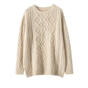 100%纯山羊绒女秋冬新款 宽松慵懒风菱纹厚实毛衣上衣 毛衣圆领时尚