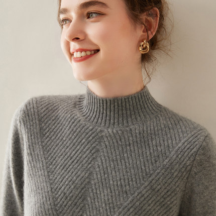 秋冬新款100%纯山羊绒衫女半高领7针加厚套头宽松毛衣针织打底衫