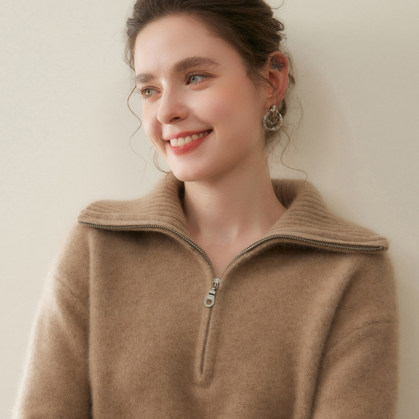 轻奢简约100%纯山羊绒衫女翻领宽松针织衫半拉链毛衣外套针织衫,女装/女士精品,毛针织衫,淘宝优惠券,粉丝福利购,淘宝优惠卷