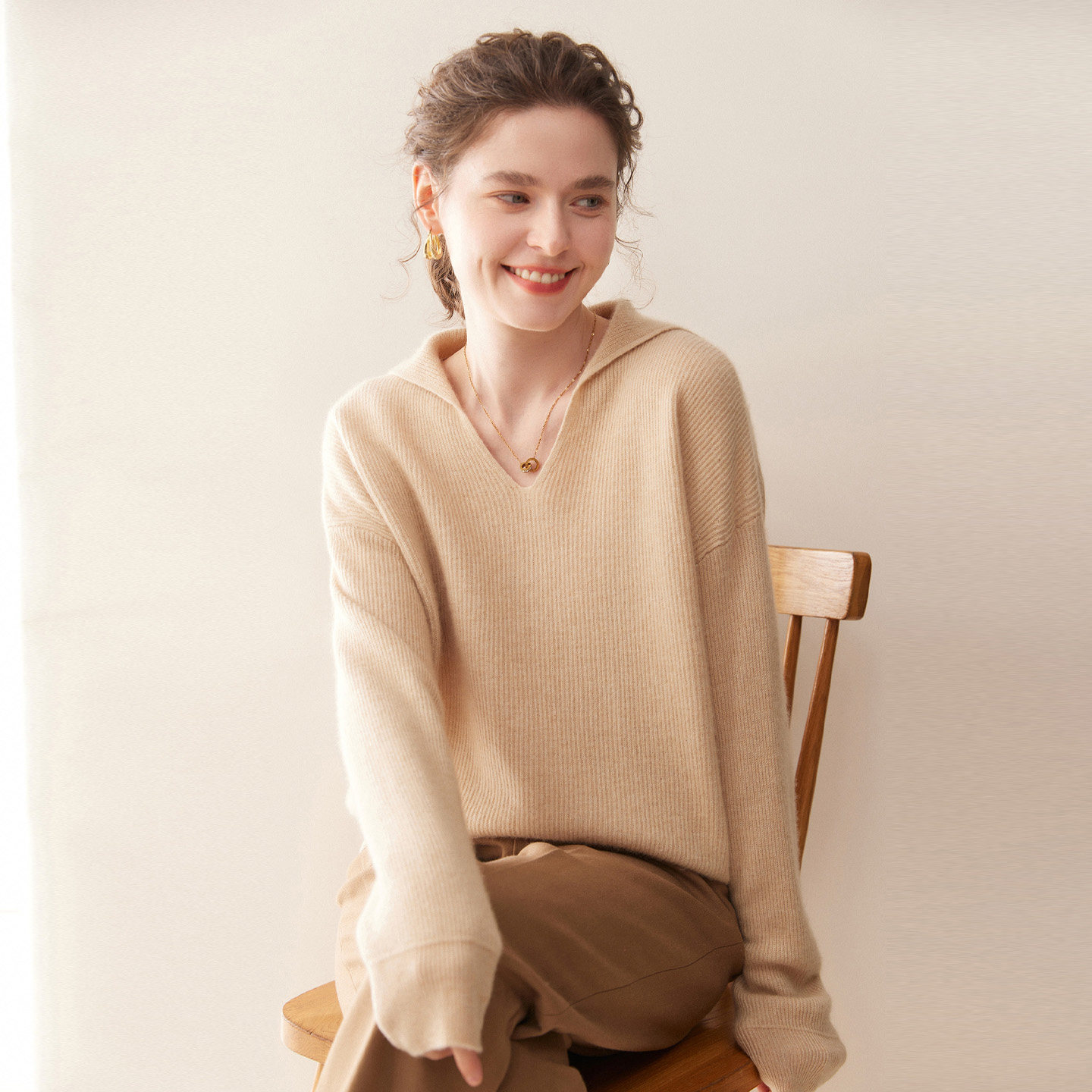 秋冬新款100%纯山羊绒衫女连帽