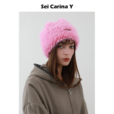 Sei Carina Y黑标毛毛毛线帽防风新款毛绒护耳帽子女冬季加厚保暖