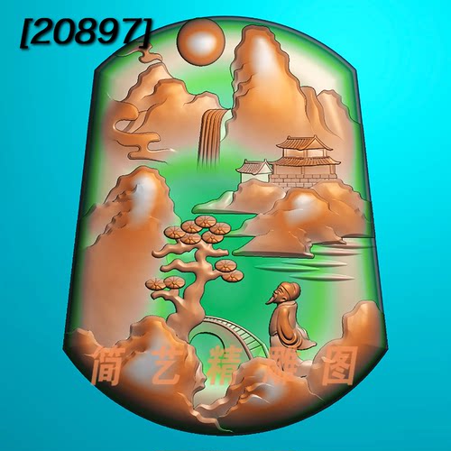 玉雕图梯形山水人物精雕图jdp灰度图bmp浮雕图