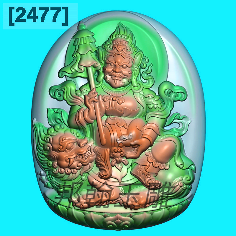 2477黄财神挂件精雕图浮雕玉雕骑狮子兽藏佛灰度图电脑雕刻图木雕