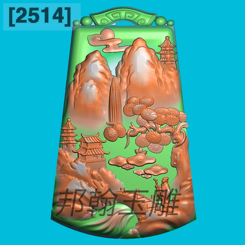 2514新款高山流水玉雕图仿古回纹牌头山水精雕图玉石雕刻图灰度图