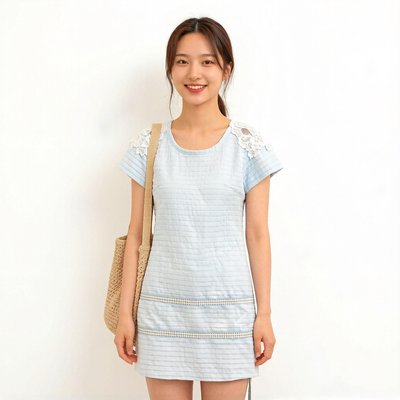 618大促 相约四季夏大码休闲浅蓝色条纹韩版连衣裙文艺范孤品79元