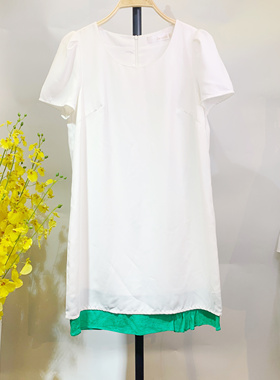 乔帛夏时尚圆领白色短袖大码连衣裙绿色荷叶边 通勤百搭清版89元