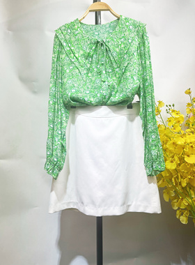 【珂妮莎曼】26春新款绿色碎花荷叶边领大码衬衫干练优雅年货节