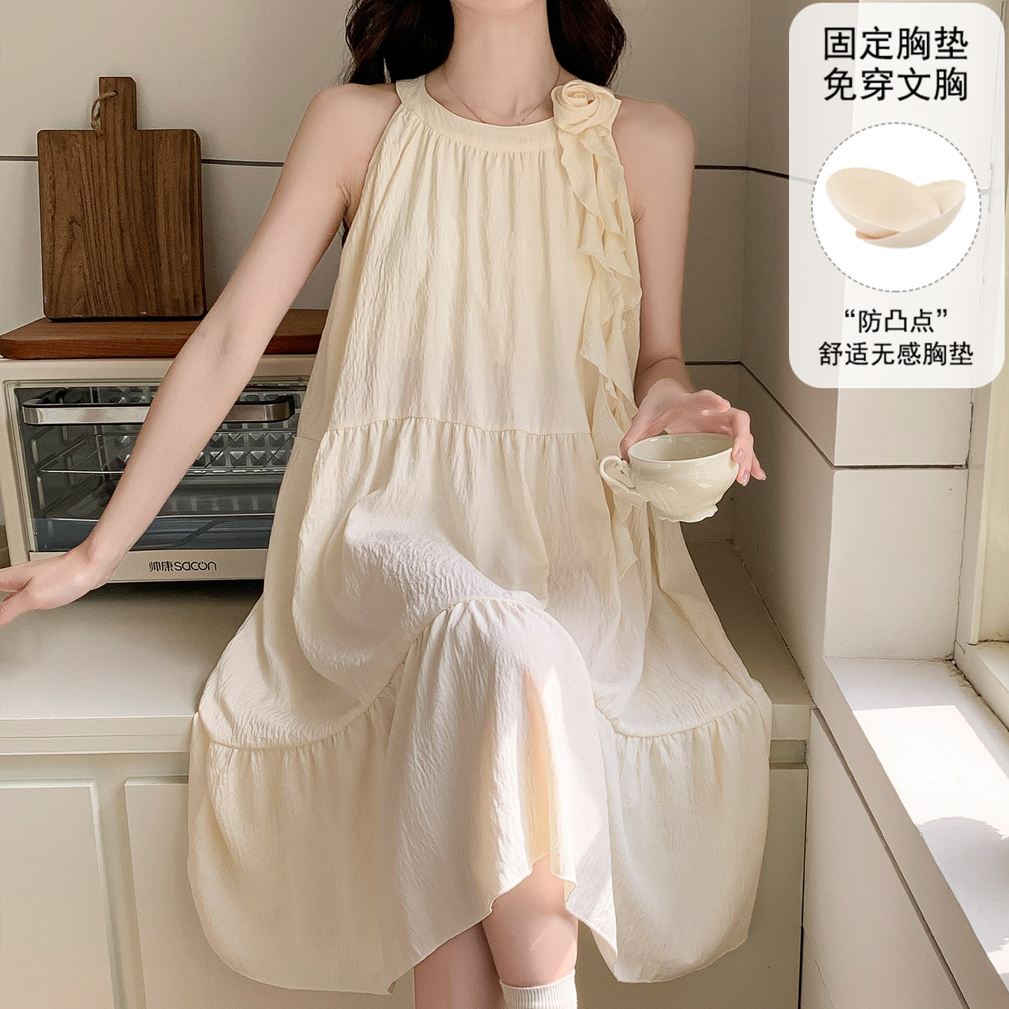 带胸垫睡裙女夏季公主风法式甜美长版裙子夏天吊带睡衣无袖家居服