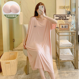带胸垫睡裙夏季女款莫代尔冰丝薄款加大码胖mm夏天睡衣孕妇洋装