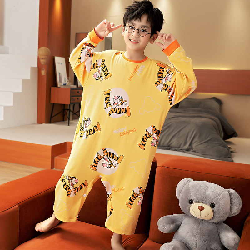 CHILDRENS PAJAMAS FOR BOYS ONE-PIECE SPRING AND AUTUMN COTTON BOYS LONG SLEEVES ONE-PIECE DINOSAUR BABY BIG CHILDRENS LOUNGEWEAR