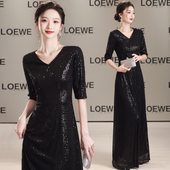 大合唱团演出服女黑色气质年会晚礼服长裙比赛走秀表演主持指挥服