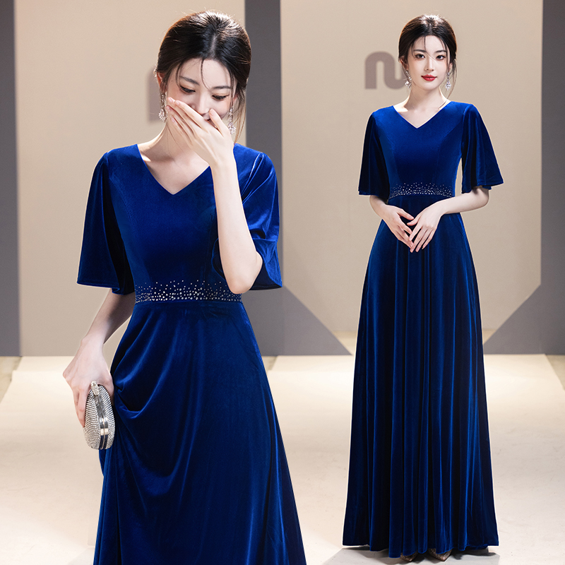 蓝色大合唱团演出服女长裙艺考比赛服装气质主持人表演晚礼服长款