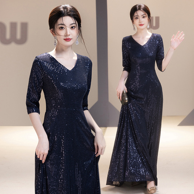 合唱团演出服V领亮片藏青色中袖指挥服女长裙气质轻奢年会晚礼服